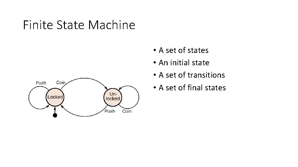 Finite State Machine • A set of states • An initial state • A