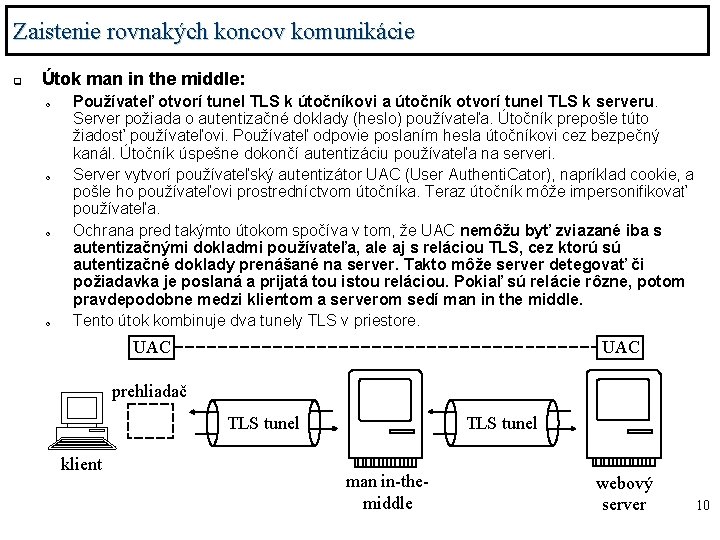 Zaistenie rovnakých koncov komunikácie q Útok man in the middle: o o Používateľ otvorí