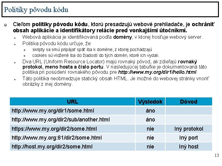Politiky pôvodu kódu q Cieľom politiky pôvodu kódu, ktorú presadzujú webové prehliadače, je ochrániť