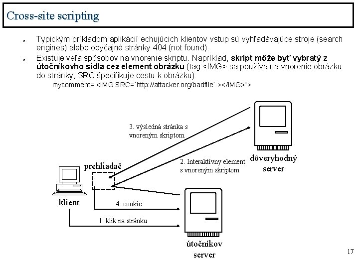 Cross-site scripting o o Typickým príkladom aplikácií echujúcich klientov vstup sú vyhľadávajúce stroje (search