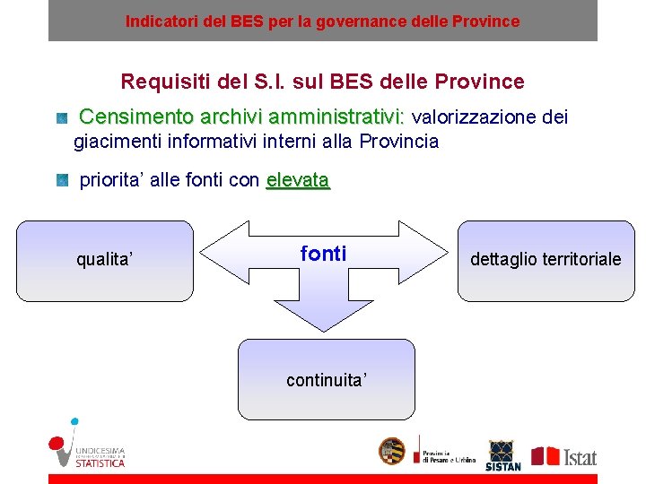Indicatori del BES per la governance delle Province Requisiti del S. I. sul BES