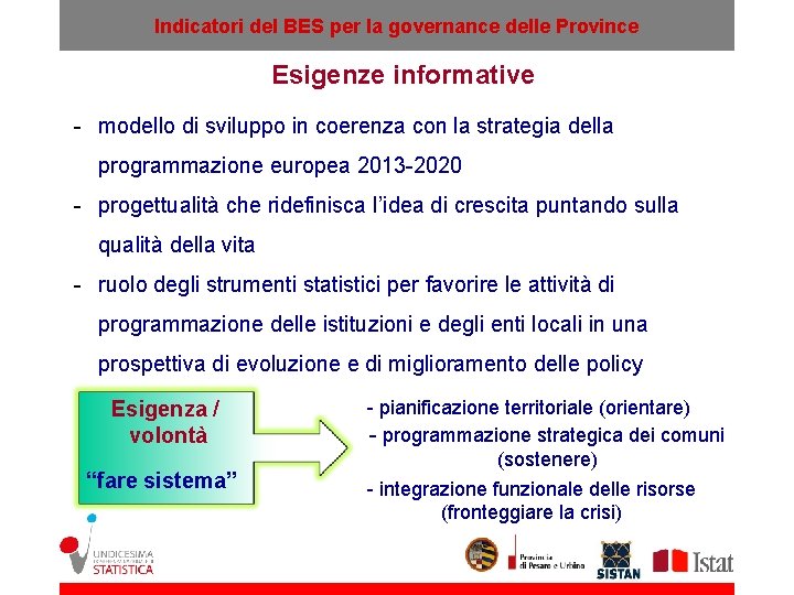 Indicatori del BES per la governance delle Province Esigenze informative - modello di sviluppo