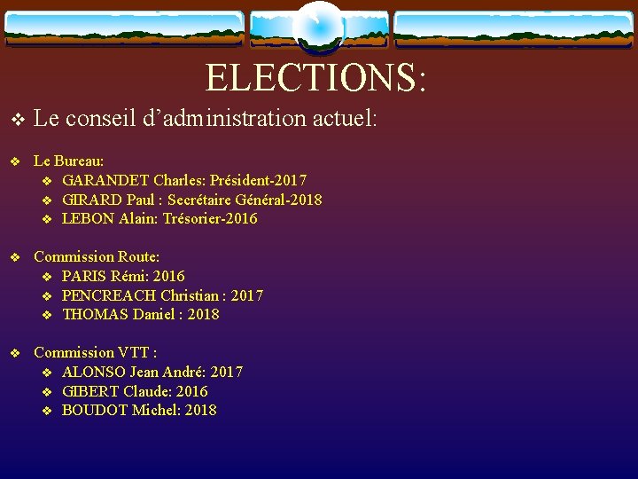 ELECTIONS: v Le conseil d’administration actuel: v Le Bureau: v GARANDET Charles: Président-2017 v
