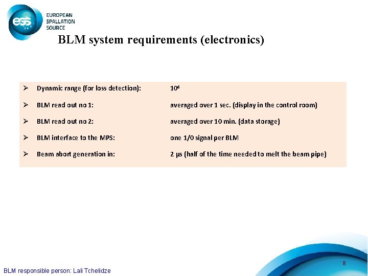 BLM system requirements (electronics) Ø Dynamic range (for loss detection): 106 Ø BLM read