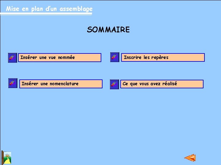 Mise en plan d’un assemblage SOMMAIRE Insérer une vue nommée Inscrire les repères Insérer