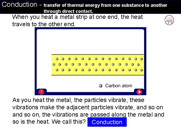 Conduction - transfer of thermal energy from one substance to another through direct contact.