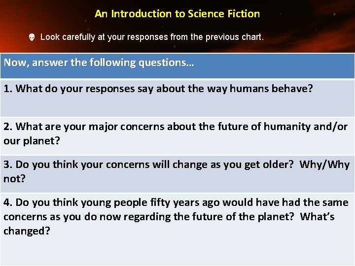 An Introduction to Science Fiction Look carefully at your responses from the previous chart.
