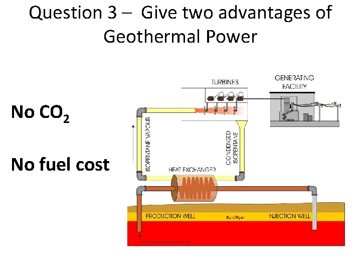 Question 3 – Give two advantages of Geothermal Power No CO 2 No fuel