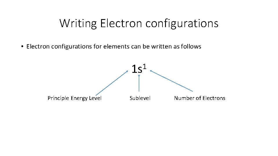 Writing Electron configurations • Electron configurations for elements can be written as follows 1