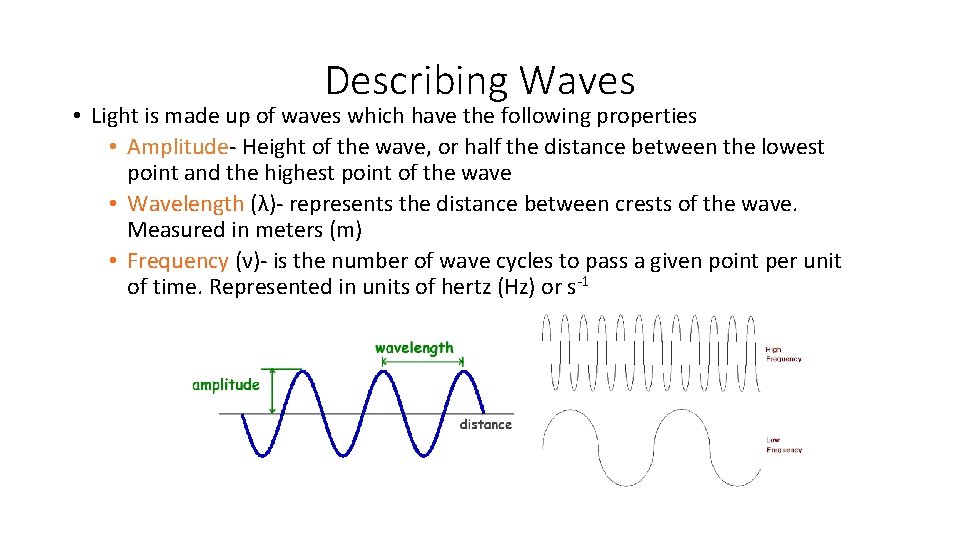 Describing Waves • Light is made up of waves which have the following properties