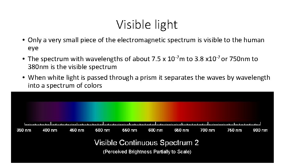 Visible light • Only a very small piece of the electromagnetic spectrum is visible