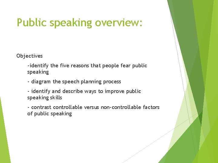 Public speaking overview: Objectives -identify the five reasons that people fear public speaking - Public speaking overview: Objectives -identify the five reasons that people fear public speaking -