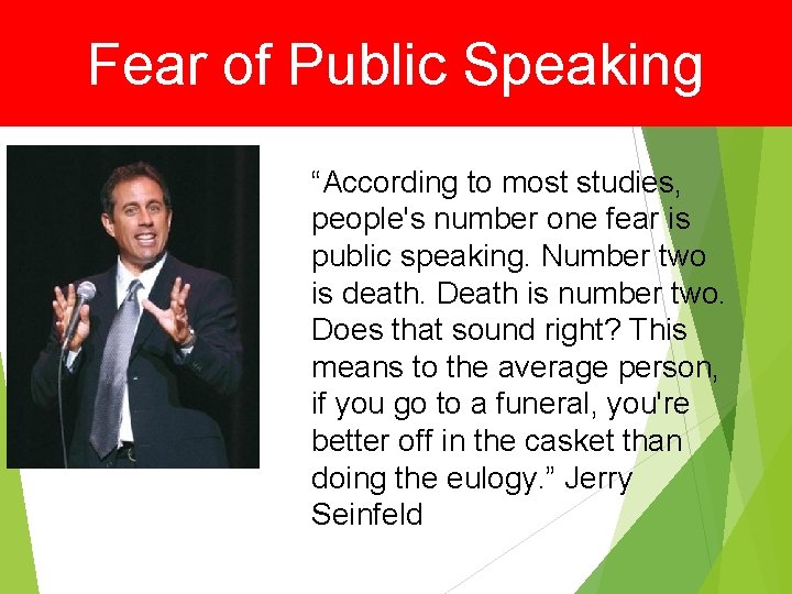 Fear of Public Speaking “According to most studies, people's number one fear is public Fear of Public Speaking “According to most studies, people's number one fear is public