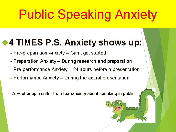 Public Speaking Anxiety 4 TIMES P. S. Anxiety shows up: - Pre-preparation Anxiety – Public Speaking Anxiety 4 TIMES P. S. Anxiety shows up: - Pre-preparation Anxiety –
