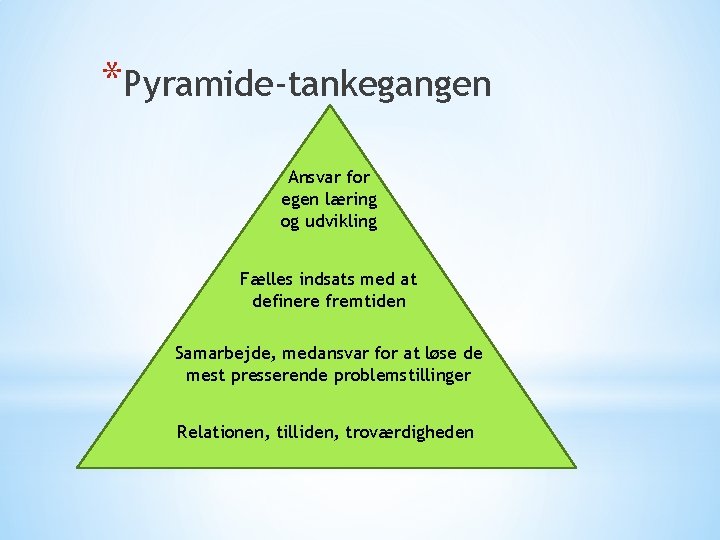 *Pyramide-tankegangen Ansvar for egen læring og udvikling Fælles indsats med at definere fremtiden Samarbejde,