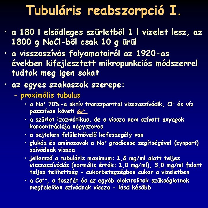 Tubuláris reabszorpció I. • a 180 l elsődleges szűrletből 1 l vizelet lesz, az