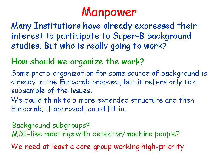 Manpower Many Institutions have already expressed their interest to participate to Super-B background studies.