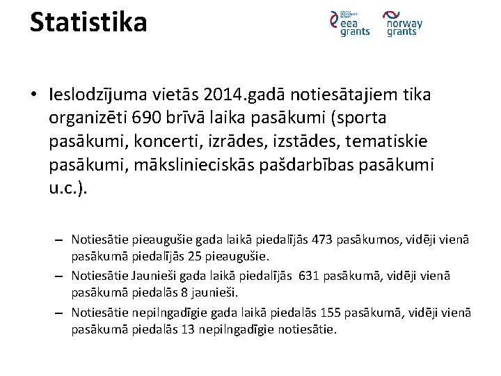 Statistika • Ieslodzījuma vietās 2014. gadā notiesātajiem tika organizēti 690 brīvā laika pasākumi (sporta