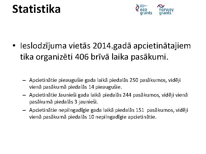 Statistika • Ieslodzījuma vietās 2014. gadā apcietinātajiem tika organizēti 406 brīvā laika pasākumi. –