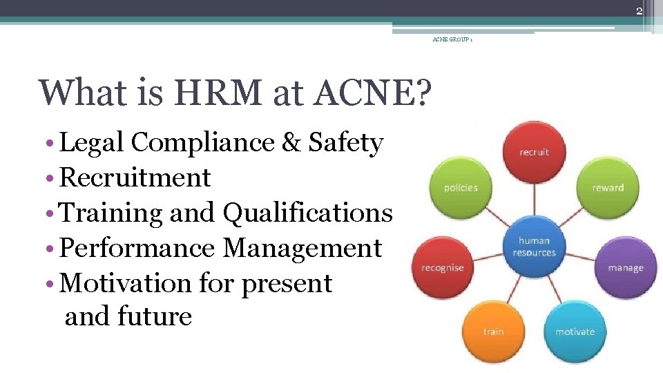 2 ACNE GROUP 1 What is HRM at ACNE? • Legal Compliance & Safety