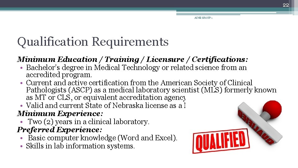 22 ACNE GROUP 1 Qualification Requirements Minimum Education / Training / Licensure / Certifications: