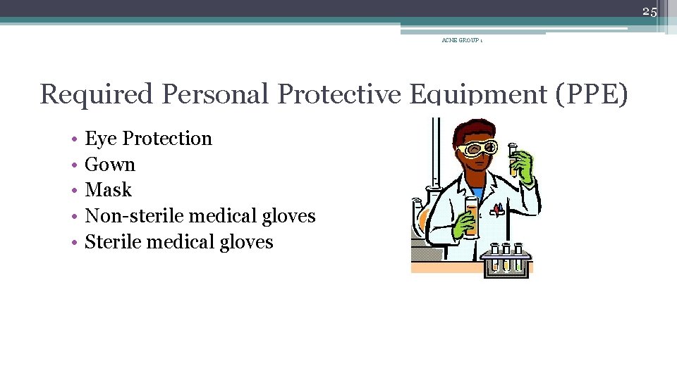 25 ACNE GROUP 1 Required Personal Protective Equipment (PPE) • • • Eye Protection