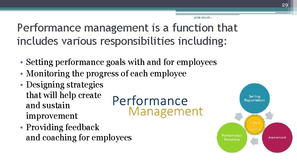 29 ACNE GROUP 1 Performance management is a function that includes various responsibilities including: