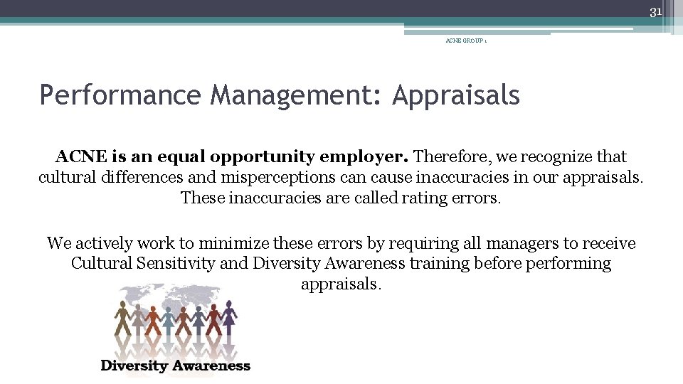 31 ACNE GROUP 1 Performance Management: Appraisals ACNE is an equal opportunity employer. Therefore,