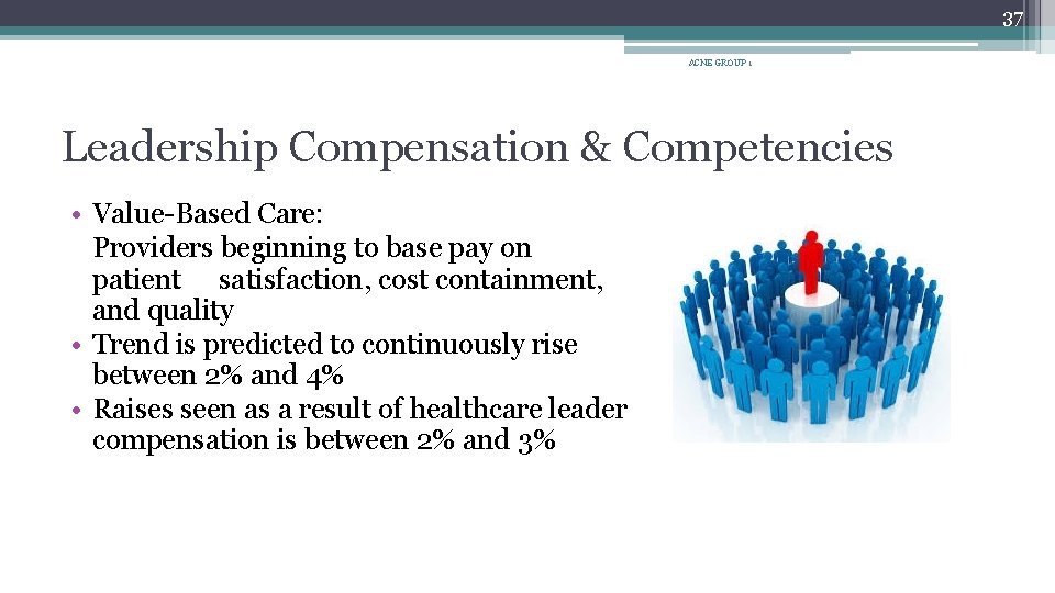 37 ACNE GROUP 1 Leadership Compensation & Competencies • Value-Based Care: Providers beginning to