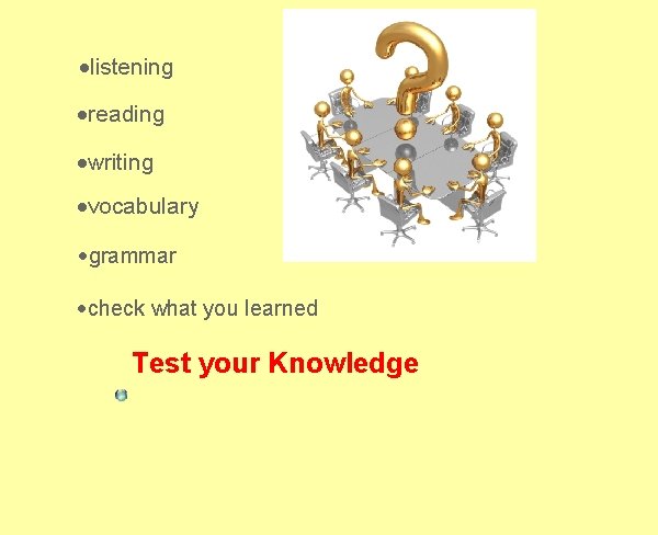 ·listening ·reading ·writing ·vocabulary ·grammar ·check what you learned Test your Knowledge 
