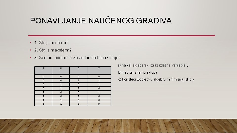 PONAVLJANJE NAUČENOG GRADIVA • 1. Što je minterm? • 2. Što je maksterm? •