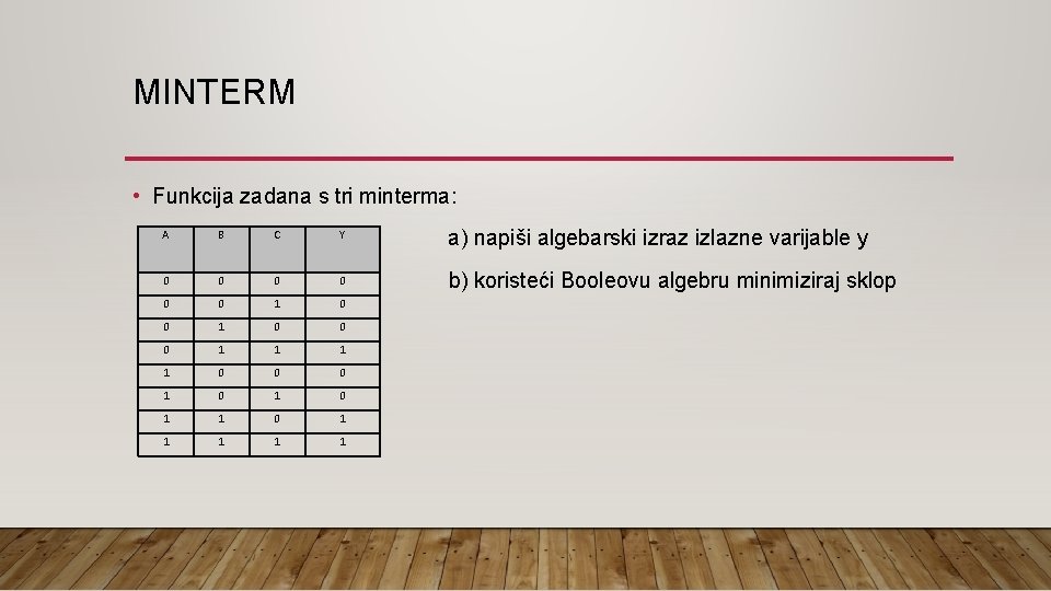 MINTERM • Funkcija zadana s tri minterma: A B C Y a) napiši algebarski
