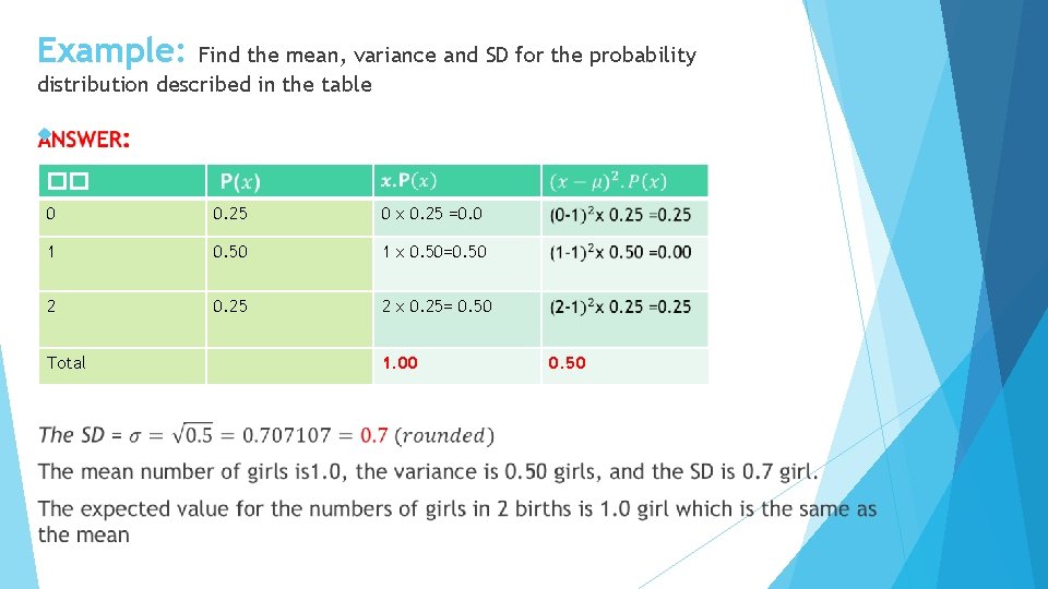 Example: Find the mean, variance and SD for the probability distribution described in the