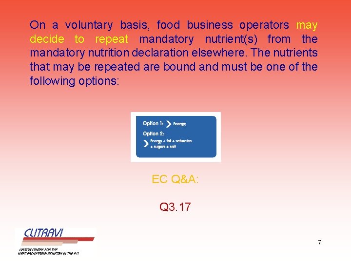 On a voluntary basis, food business operators may decide to repeat mandatory nutrient(s) from