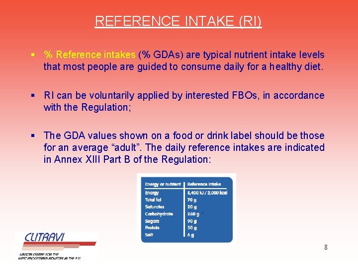 REFERENCE INTAKE (RI) § % Reference intakes (% GDAs) are typical nutrient intake levels