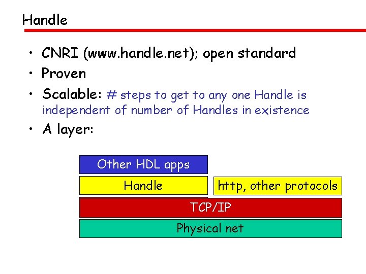 Handle • CNRI (www. handle. net); open standard • Proven • Scalable: # steps