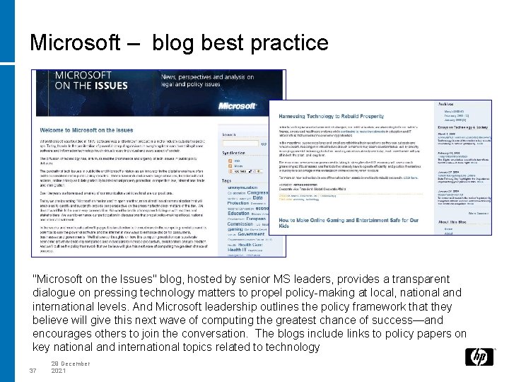 Microsoft – blog best practice "Microsoft on the Issues" blog, hosted by senior MS