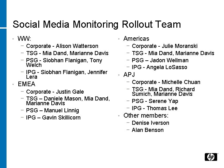 Social Media Monitoring Rollout Team • WW: − Corporate - Alison Watterson − TSG