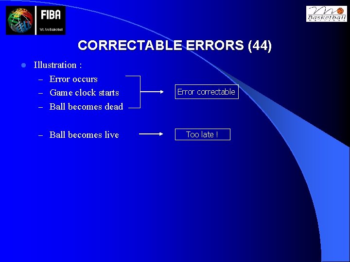 CORRECTABLE ERRORS (44) l Illustration : – Error occurs – Game clock starts –