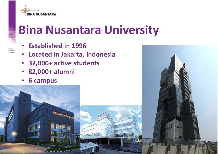 Bina Nusantara University • • • Established in 1996 Located in Jakarta, Indonesia 32,