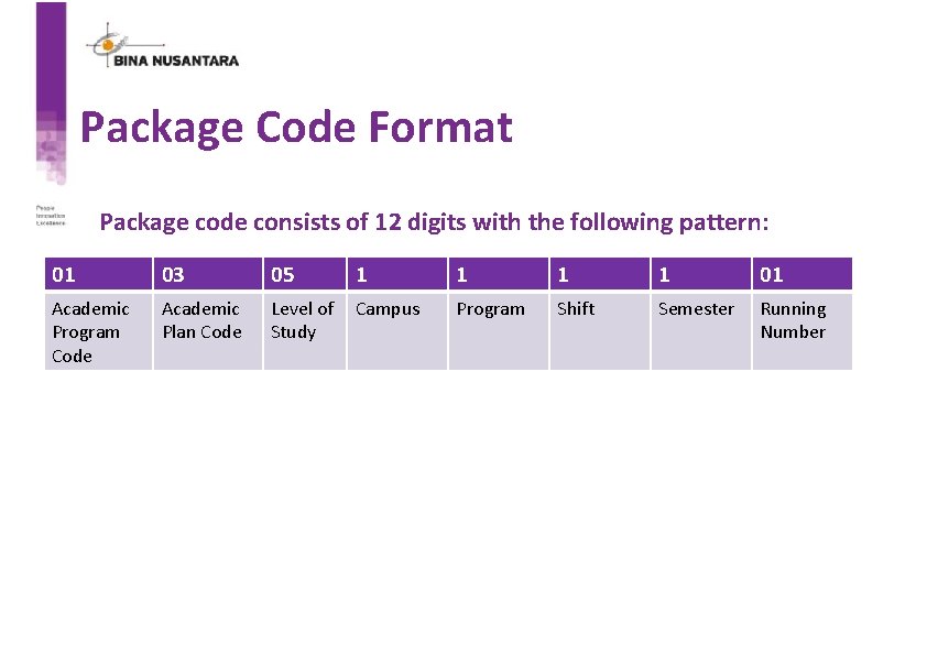 Package Code Format Package code consists of 12 digits with the following pattern: 01