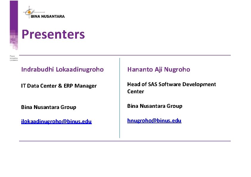 Presenters Indrabudhi Lokaadinugroho Hananto Aji Nugroho IT Data Center & ERP Manager Head of