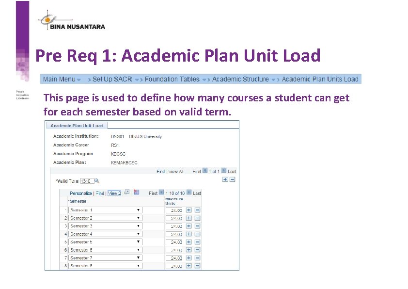 Pre Req 1: Academic Plan Unit Load This page is used to define how