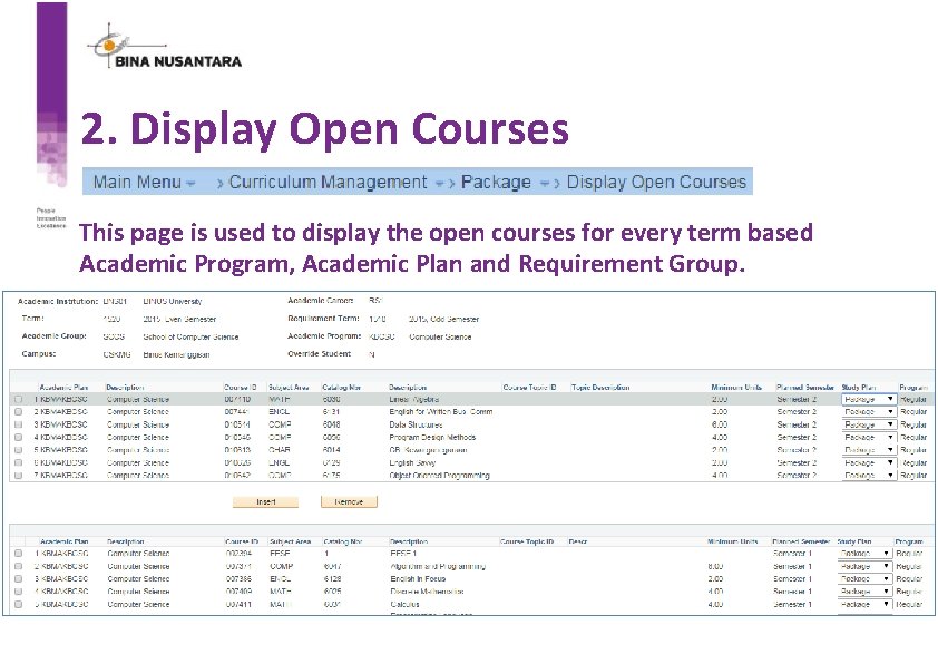2. Display Open Courses This page is used to display the open courses for