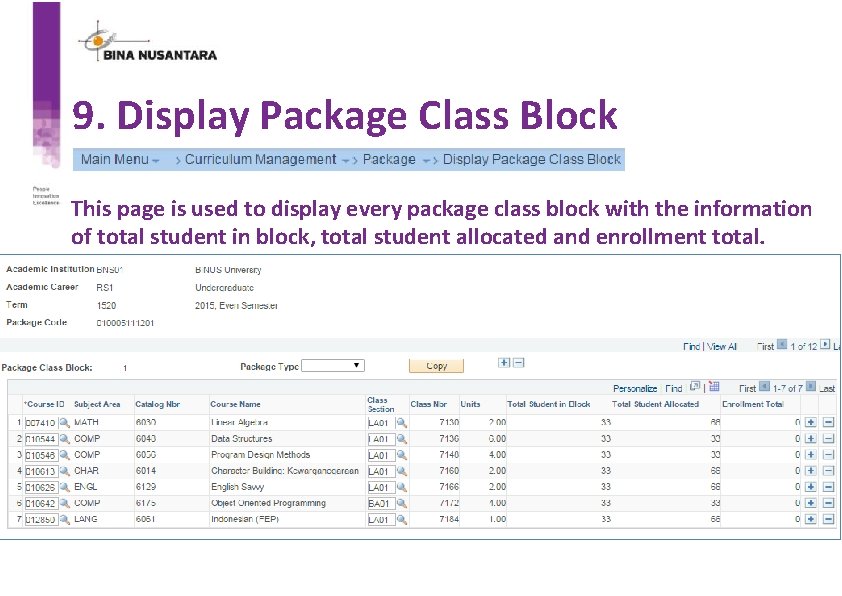 9. Display Package Class Block This page is used to display every package class