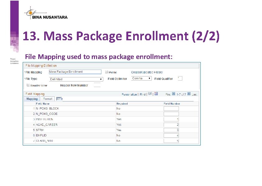 13. Mass Package Enrollment (2/2) File Mapping used to mass package enrollment: 