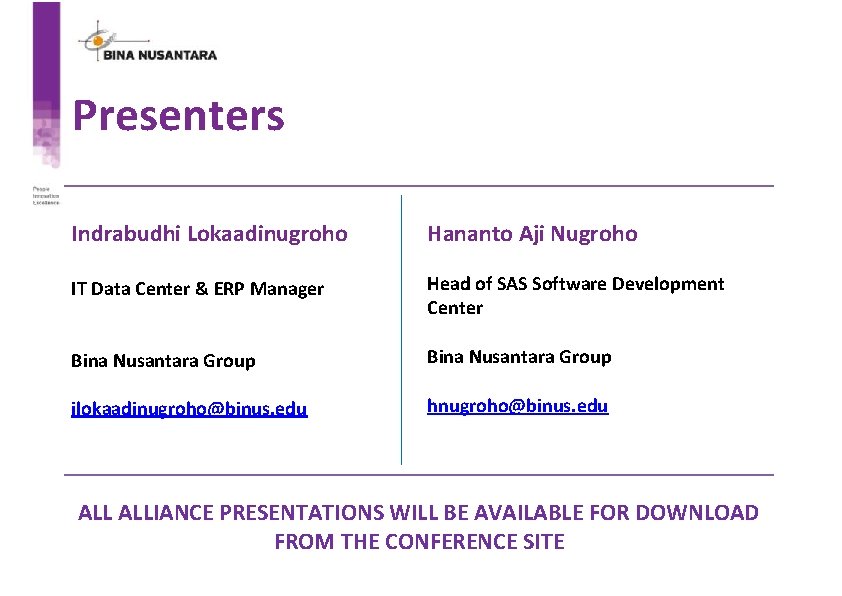 Presenters Indrabudhi Lokaadinugroho Hananto Aji Nugroho IT Data Center & ERP Manager Head of