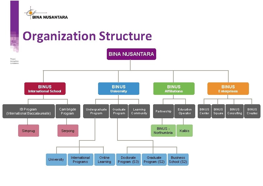 Organization Structure BINA NUSANTARA BINUS International School University Affiliations Enterprises IB Program (International Baccalaureate)