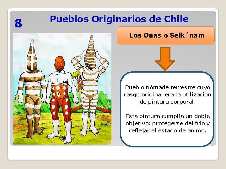 8 Pueblos Originarios de Chile Los Onas o Selk´nam Pueblo nómade terrestre cuyo rasgo