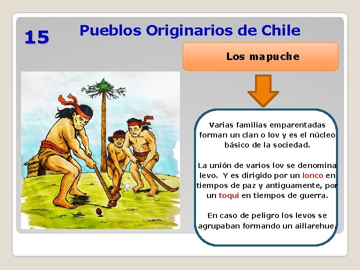 15 Pueblos Originarios de Chile Los mapuche Varias familias emparentadas forman un clan o